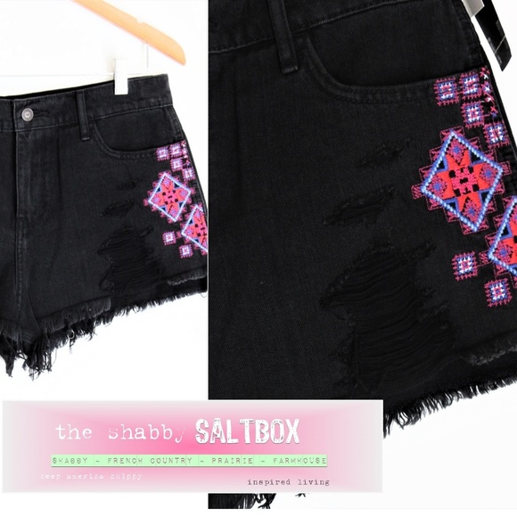 Hollister Black Shorts Farmcore Trashed Boho Pink Quilt Patchwork Jeans - Picture 2 of 8